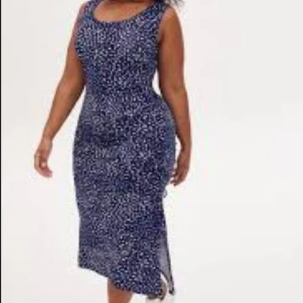 NWOT Torrid Super Soft Blue Ditsy Dot Asymmetrical Drawstring Midi Dress